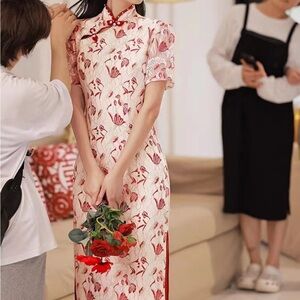 Red and White Lace Bridal Floral Qipao / Cheongsam Dress NWT